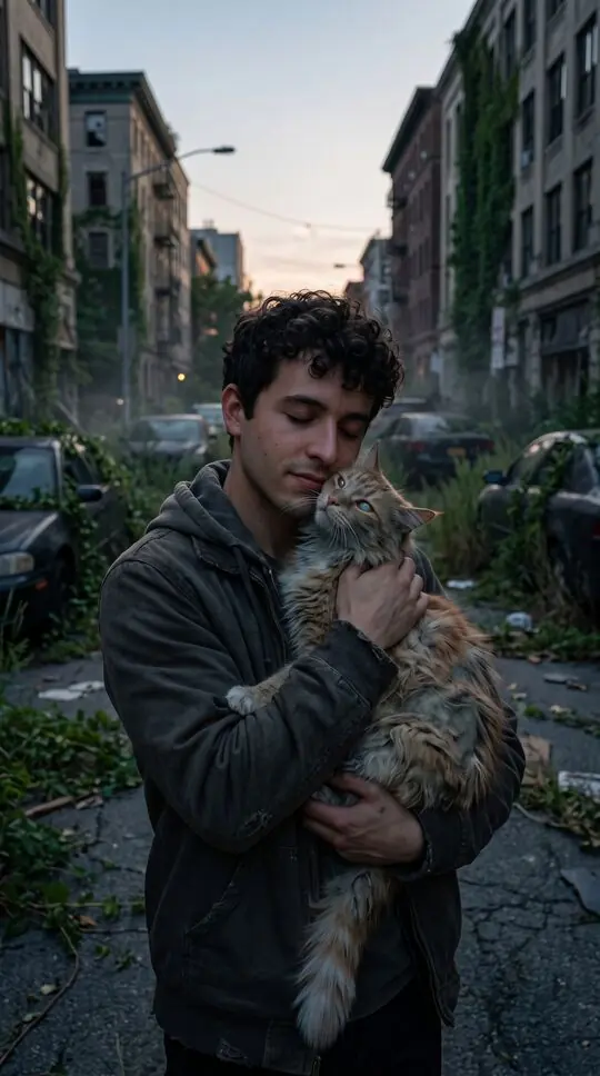 The fictional owner holding his zombie cat against his chest