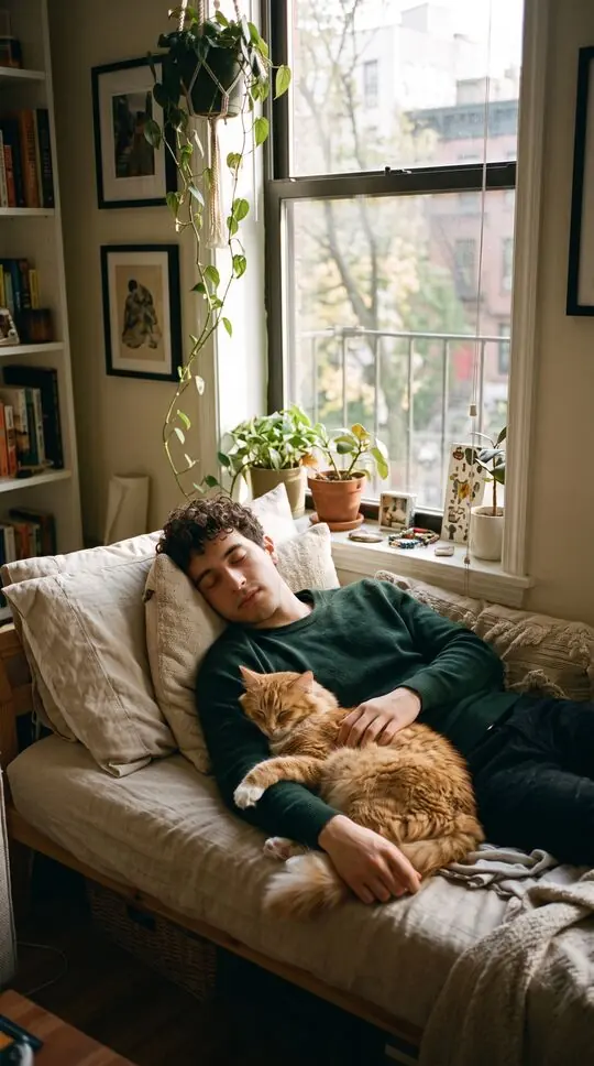 The same owner and his healthy orange cat napping on a sunny sofa