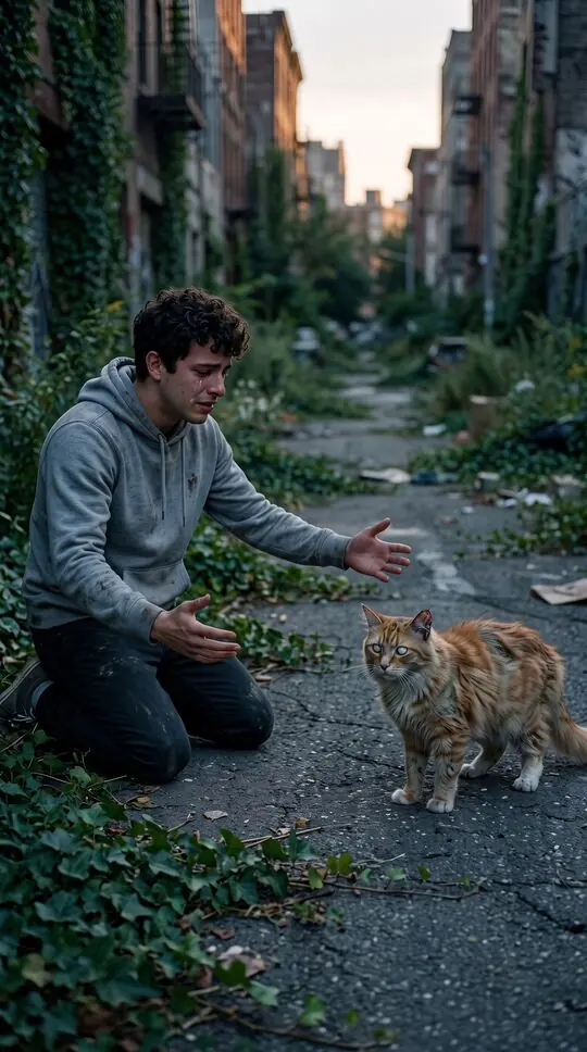 A fictional orange tabby turned into a zombie cat on an empty street, its owner kneeling with open arms