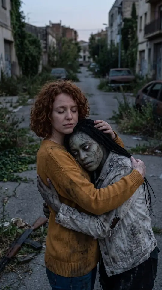 The rifle on the ground as the two friends hug