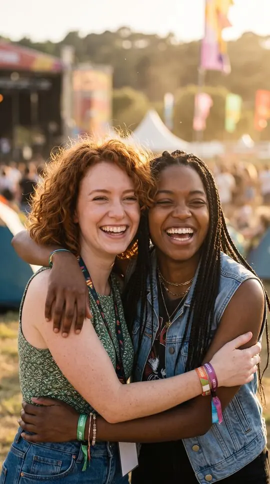 The same two friends, healthy again, laughing at a sunny festival
