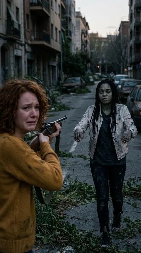 Two fictional best friends on an empty street: one has turned into a zombie, the other aims a rifle, crying