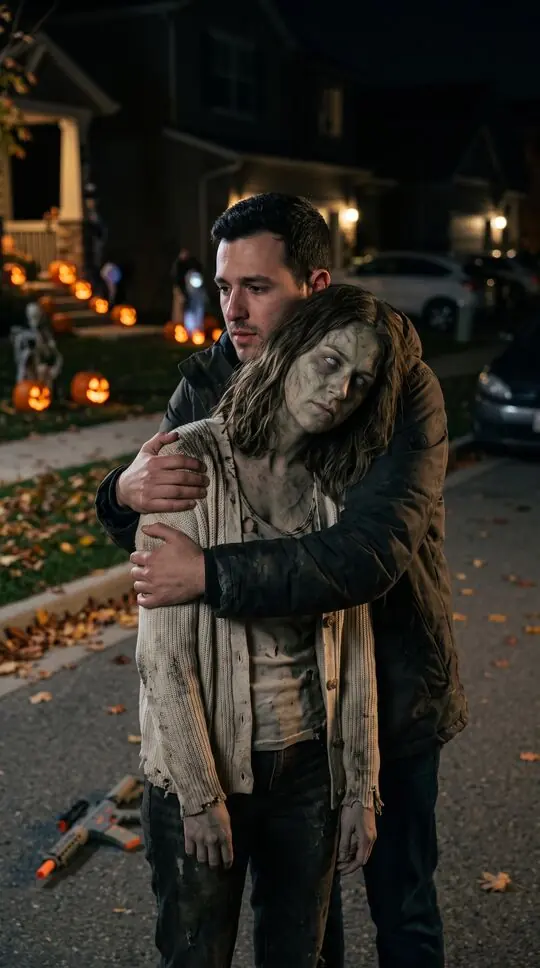 The couple hugging on the Halloween street, the prop rifle on the ground