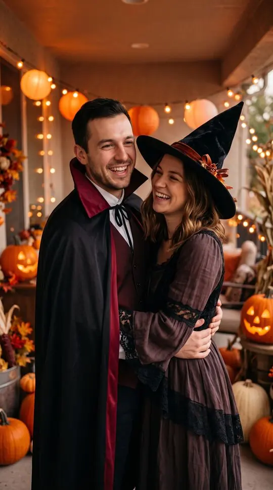 The same couple, human again, in costumes at a cozy Halloween party