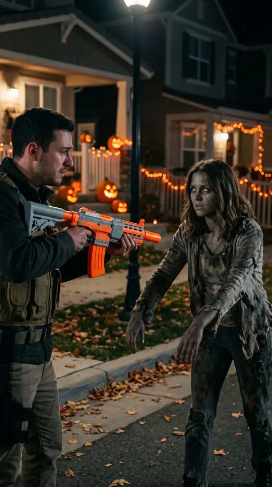 A fictional couple on a Halloween street: she has turned into a zombie, he raises a prop rifle, crying