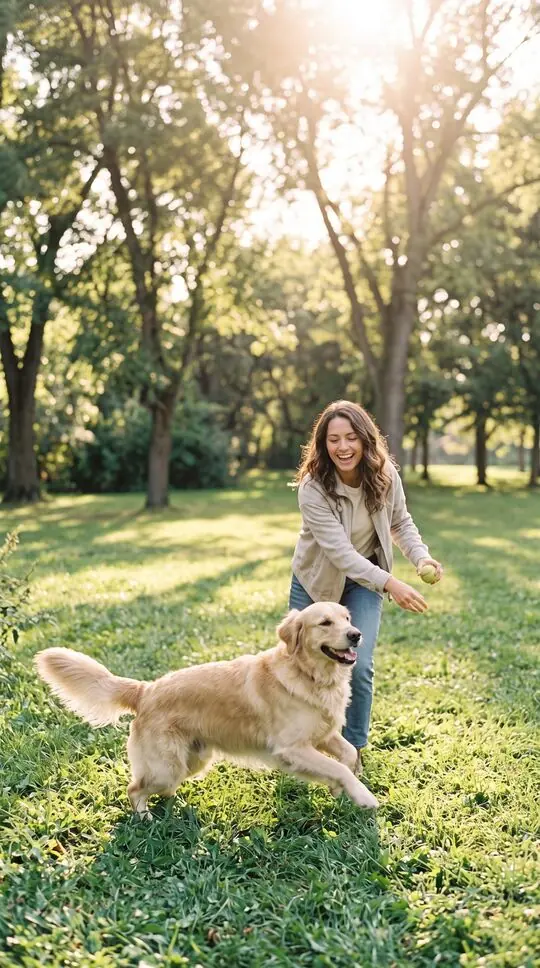 The owner and her healthy dog playing fetch in a sunny park