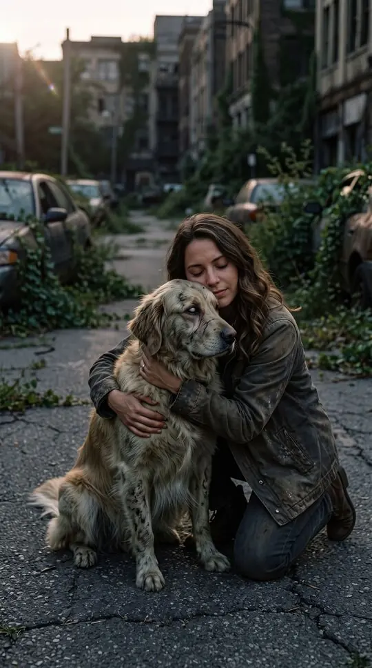 The owner hugging her zombie dog on an empty street