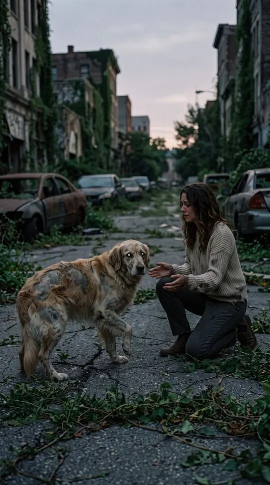 A fictional golden retriever turned into a zombie dog on an empty street, its owner kneeling with open arms