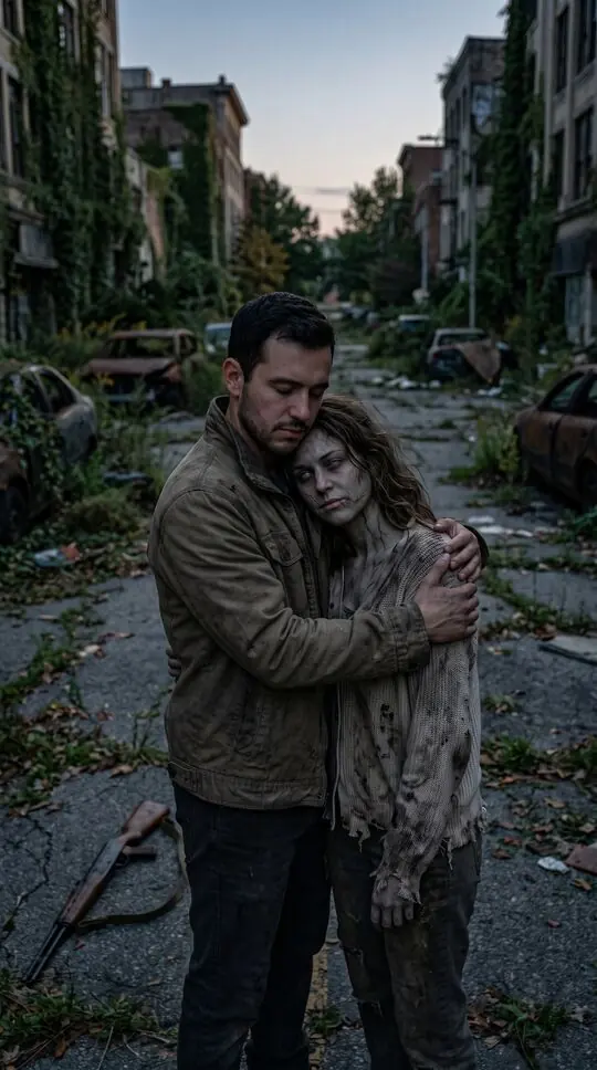The man has dropped the rifle and hugs his zombie partner