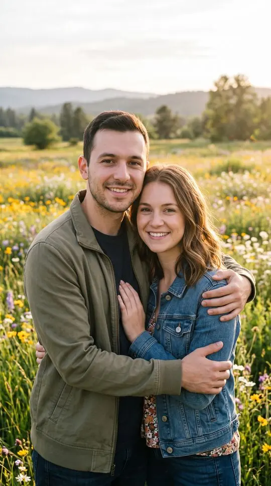 The same couple, healthy again, hugging in a sunny meadow