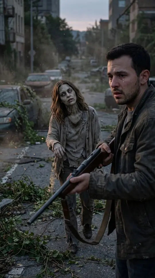 A fictional man aims a rifle at his partner, who has turned into a zombie